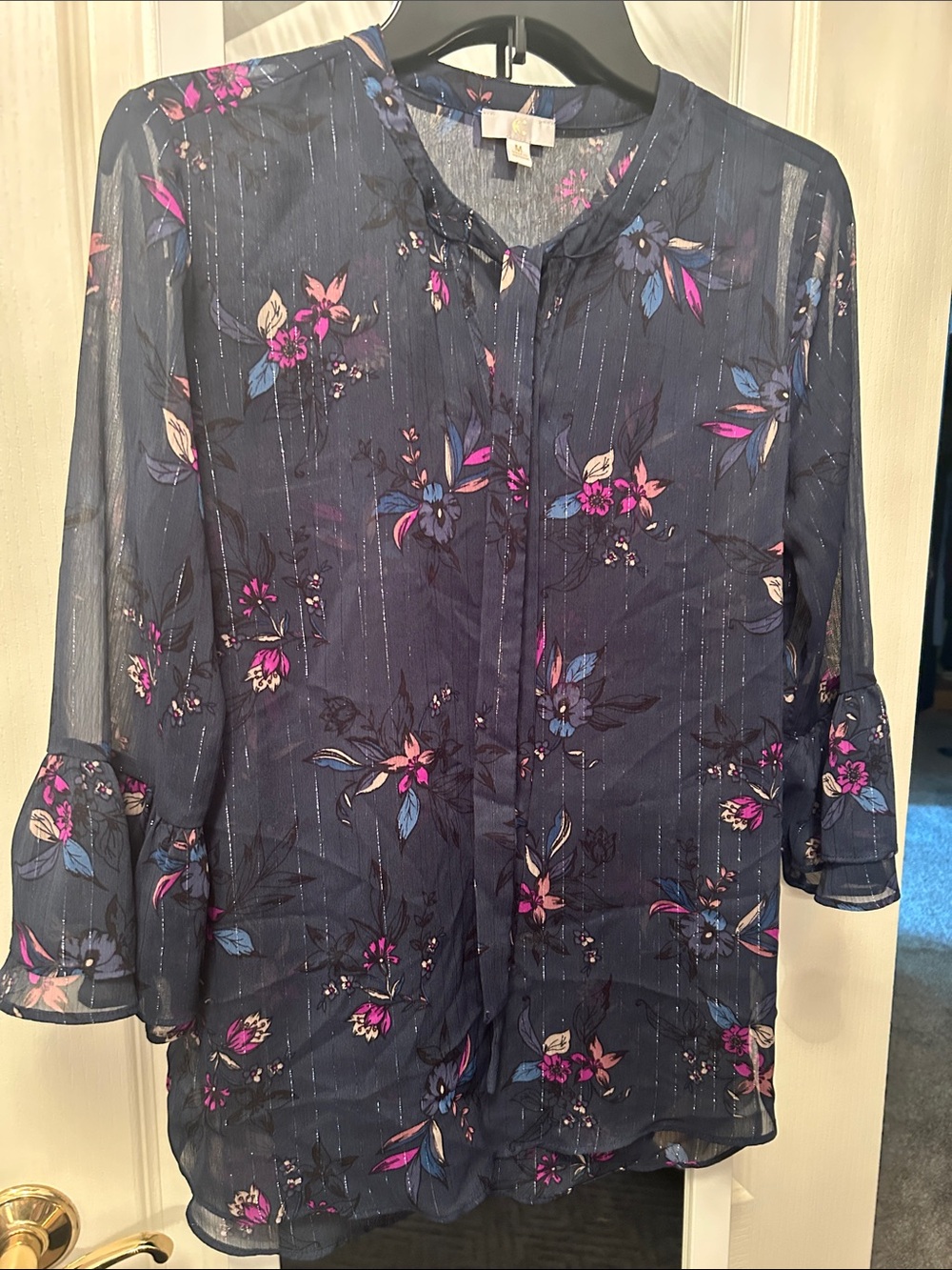C Navy Floral Ruffle-Sleeve Blouse with Pink & Blue Accents